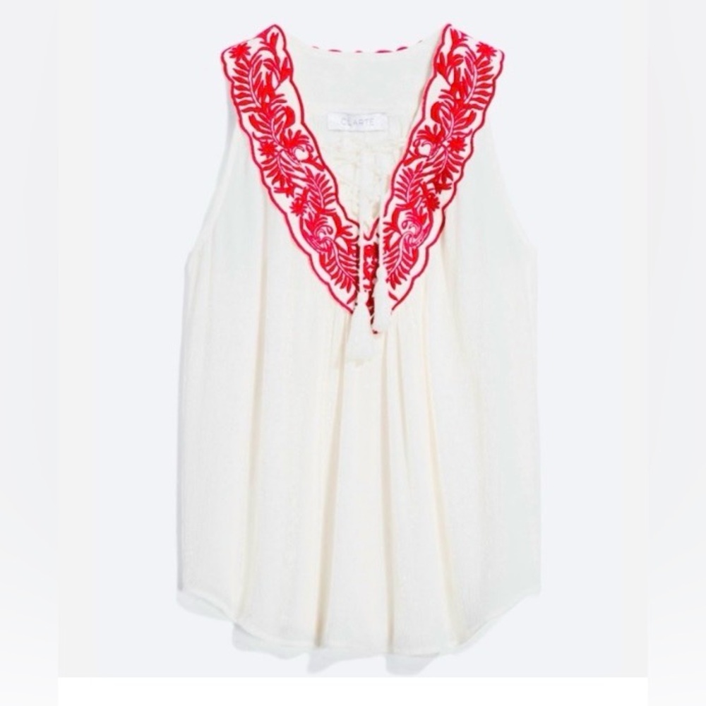 ✨NWT✨Clarte [Stitch Fix] | Red/Off-White Linley Embroidered Tassel Tie Top Sz Lg